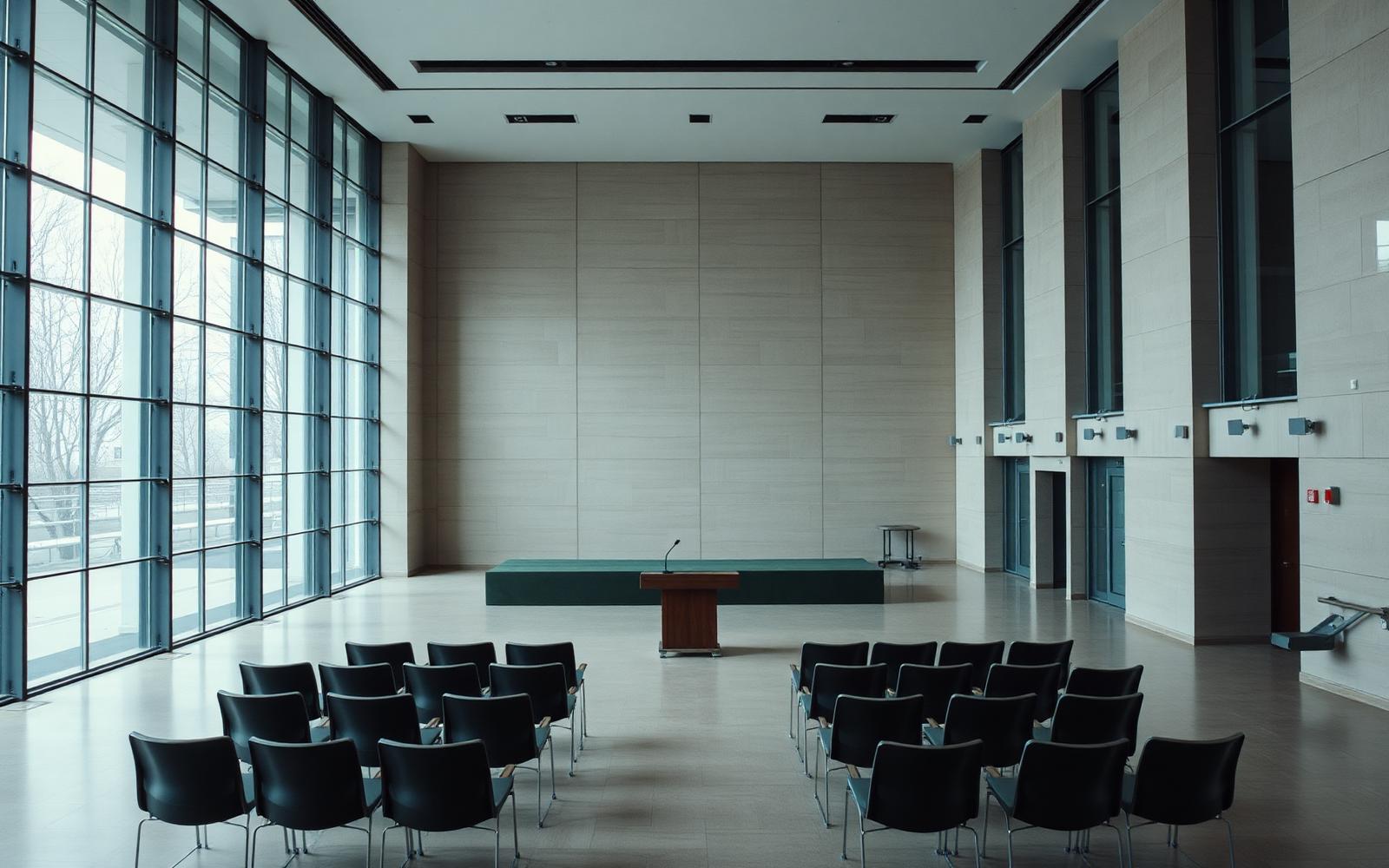 Empty press briefing room in a modern European institutional building